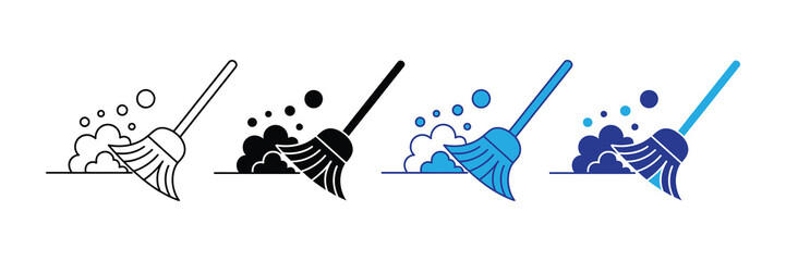 Set of stylized broom icons illustrating the sweeping action, creating dust or debris clouds, perfect for cleaning service logos and home maintenance concepts.