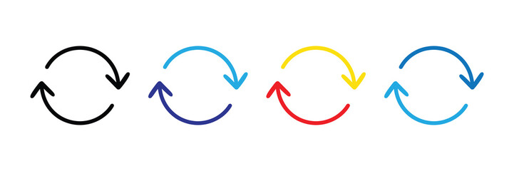Set of four circular arrow icons representing refresh, recycle, repeat, and rotation in different colors, isolated on white