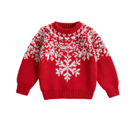 Red winter sweater with snowflake pattern for seasonal cold weather wear isolated on transparent background