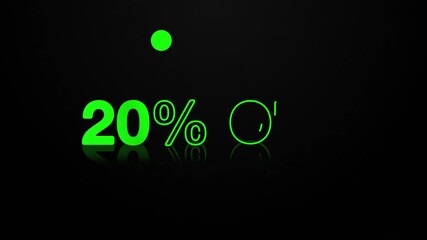 animated jumping or bouncing ball of 20% off text word lettering typography glow neon reveal, Bright letters jump in the inscription holiday theme video,motion seamless loop green type on black bg