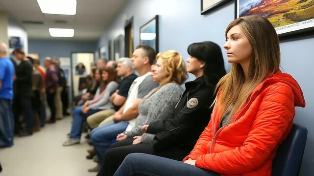Line of sick people in waiting room, muted tones, storytelling photography, blurred background, with copy space