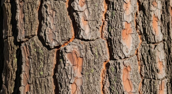 Detailed tree bark texture revealing natural patterns, cracks, and earthy tones in sunlight.