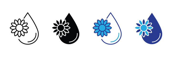 Collection of four water drop icons with flower element in outline, solid, blue outline, and solid blue styles for diverse design needs