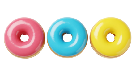 Isolated row of three glazed doughnuts pink, blue, and yellow confection for celebrations