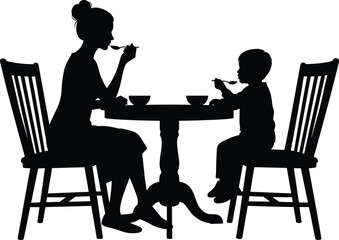 Silhouette of child and adult, eating together, family meal, shared moment, black illustration, white background, domestic scene, caregiving concept, spoon gesture, round table, parenting theme,