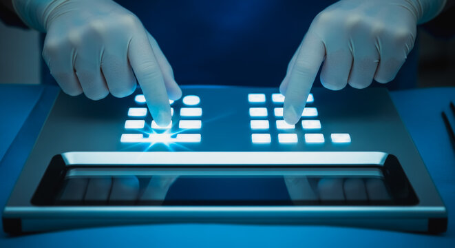 A close-up shot of gloved hands interacting with a futuristic, illuminated control panel, presenting technology and innovation, embodying precision and cutting-edge design.