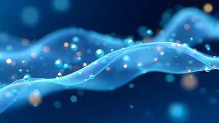 Abstract digital visualization of a luminous blue wave form with floating spheres and bokeh lights suggesting fluid motion and scientific concepts