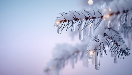 Winter landscape snow covered pine tree branch with icicles frozen nature scene