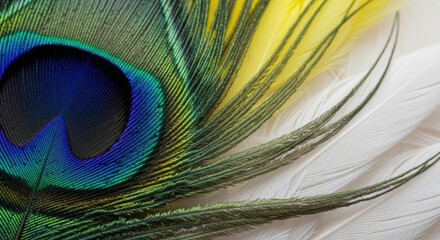 Close-up of a vibrant peacock feather showing colorful iridescent patterns against soft white feathers.