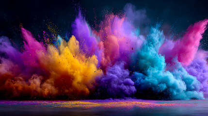 Colorful powder explosion in the air, with pink, purple, blue, yellow, and orange hues