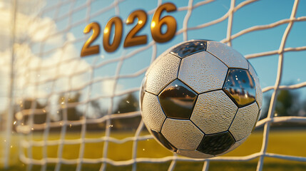 Close-up of a soccer ball hitting the net with shiny metallic "2026" digits floating in the air.