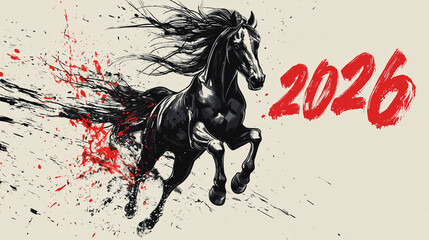 Dynamic ink brush art of a galloping horse with bold red "2026" numbers in Chinese calligraphy style, minimalistic festive design.