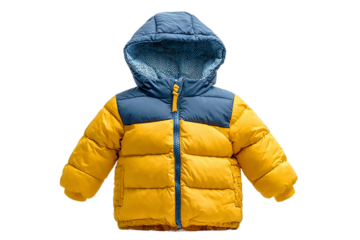 Kids winter jacket hooded warm puffer coat in yellow and navy blue for boys isolated on transparent background
