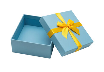 Isolated blue gift box with yellow ribbon, open present ready for giving to someone special