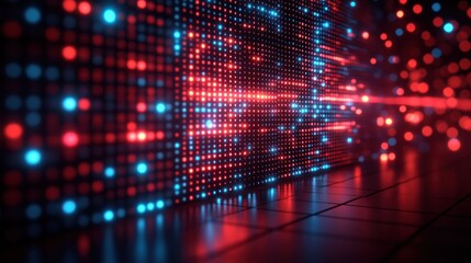 Red and blue LED wall display, glowing in dark room