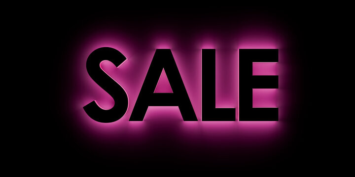 "SALE" text in 3d black on black with pink glow light effect around. Pure black around for easy expandability