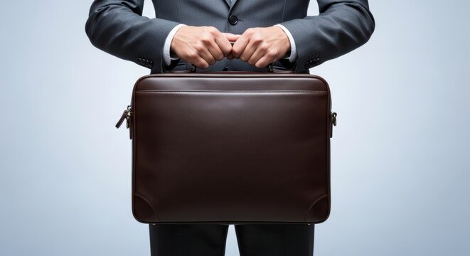 Professional businessman in suit holding brown leather briefcase
