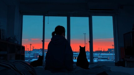 Silhouette of a Person and Cats Watching the Sunset Through a Window.