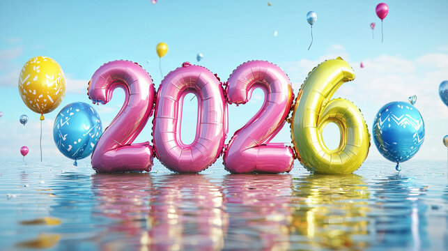 Large shiny "2026" numbers formed as colorful balloons floating in the sky, bright festive atmosphere.