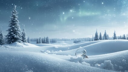 Winter wonderland snow globe scene with christmas trees and aurora borealis sky view