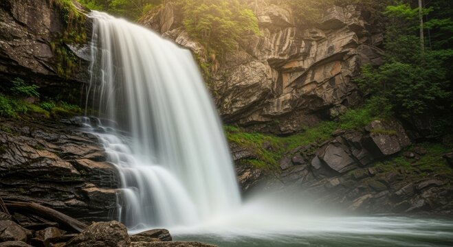 Majestic waterfall cascading over rocks surrounded by lush forest and misty flowing water. - Powered by Adobe
