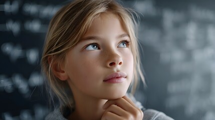 Young girl in a classroom setting looking upwards with a pensive expression hand on chin suggesting contemplation learning and bright ideas against a dark chalkboard background
