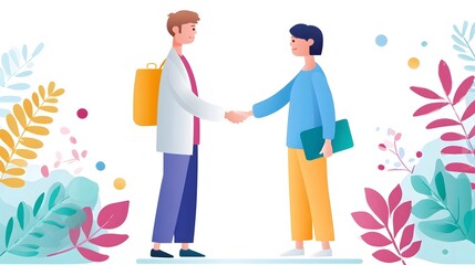 Two professionals one in a white coat and the other with a folder shake hands amidst abstract plants symbolizing collabo n agreement or a successful meeting