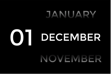 December 1 calendar with black background. A minimalist calendar template with well-structured date boxes and a sleek layout. This image is ideal for illustrating concepts such as time planning