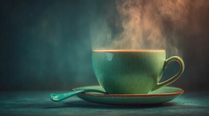 Steaming Green Tea Cup on Saucer and Spoon Cozy Morning.