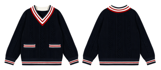 Front and back view of navy cricket v neck knitted sweater on a isolated on transparent background