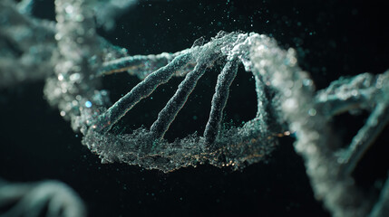 Close up shot of a dna strand with water droplets against a dark black background view