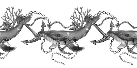 Seamless marine border with whale, anchor and coral in grayscale ink drawing style on white background, suitable for nautical packaging, labels, posters, cards and ocean themed decorative design