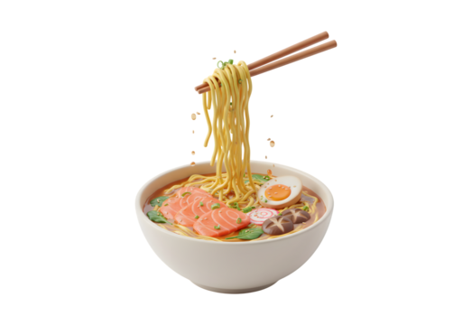 3D Asian cuisine. A bowl of classic noodle soup featuring eggs, salmon, and greens set against a white background. Noodles dangling from chopsticks. Ramen, udon, soba, tom yum soup. 3D rendered image.