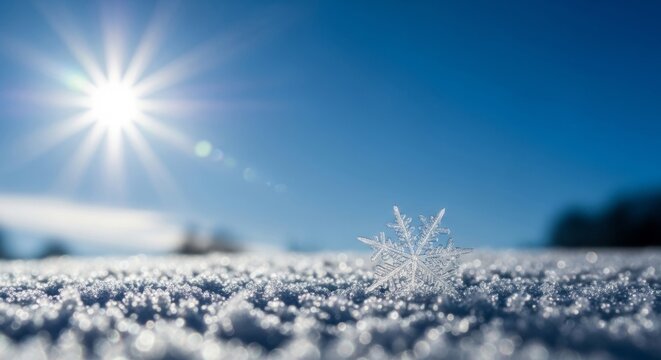 Macro snowflake on sparkling snow with bright winter sun