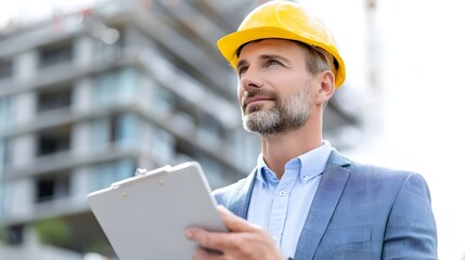 A thoughtful male professional wearing a protective yellow hard hat and blue collared shirt under a grey suit jacket holds a clipboard while observing an urban construction site