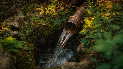 Natural spring water flowing from pipe in lush forest environment scenic view photo