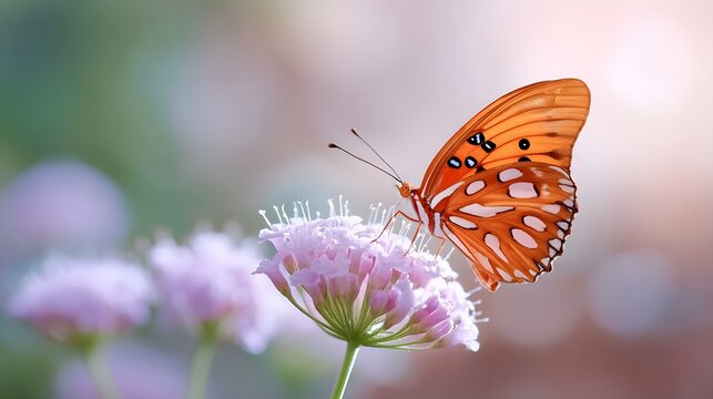 A close up of a vibrant orange butterfly showcasing detailed markings perched gracefully on a cluster of soft pink wildflowers set against a beautifully blurred natural background with warm light