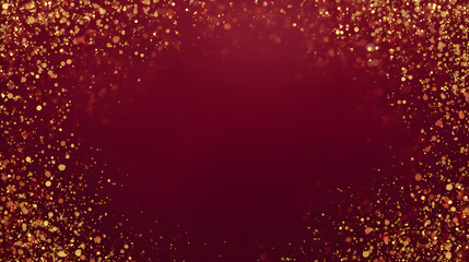 Gold confetti holiday explosion surrounding deep red gradient background with clear central space 
