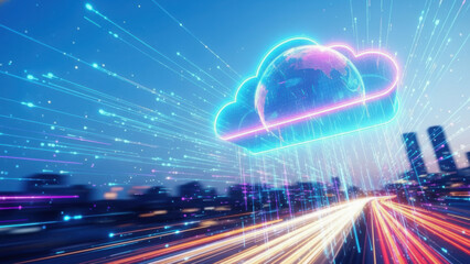 Global cloud network connecting modern city with high-speed data streaming technology