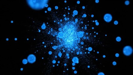 Abstract image of blue, glowing orbs and lines exploding from the center against black