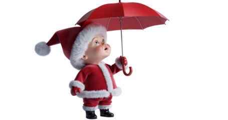 Cute santa claus figurine holding a red umbrella isolated on transparent background