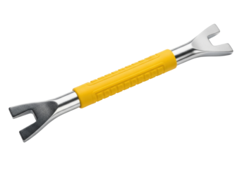 Isolated metal hand tool with a yellow handle used in auto repair industry. New tool