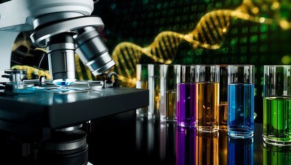Stock photo of laboratory microscope with dna and colorful liquid solution vials