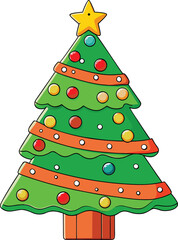 Vibrant Cartoon Christmas Tree Decorated with Peach Colored Garlands and Multi-Color Baubles, Without Base, Isolated Festive Vector