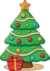 Tiered Cartoon Christmas Tree with Gold Garland and Multi-Colored Baubles, Single Red Polka-Dot Gift Box, Isolated Vector Illustration