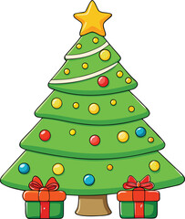 Four-Tier Christmas Tree with White Garland and Assorted Ornaments, Flanked by Two Matching Green and Red Presents, Isolated Vector