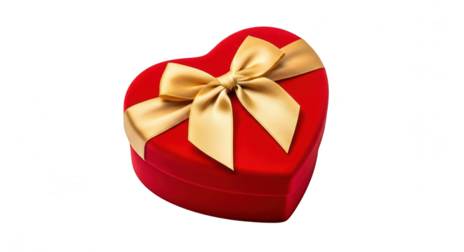 Red heartshaped gift box with a golden ribbon, isolated on transparent background