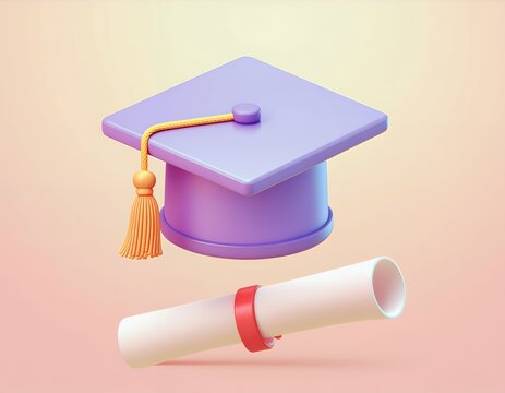 Graduation cap and diploma scroll 3D render on gradient background. - Powered by Adobe