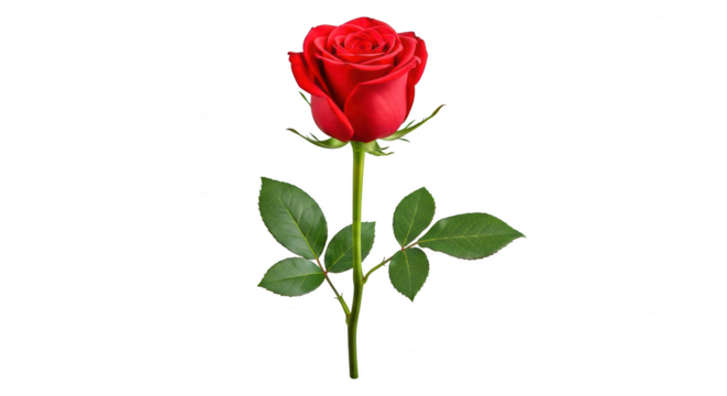 Single red rose with green stem and leaves isolated on transparent background