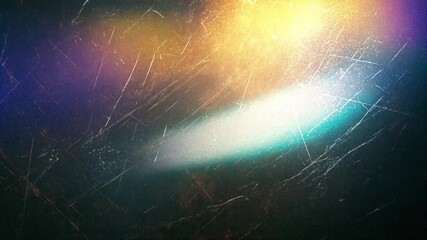 An abstract texture with colorful light spots and scratches on a dark background. - Powered by Adobe